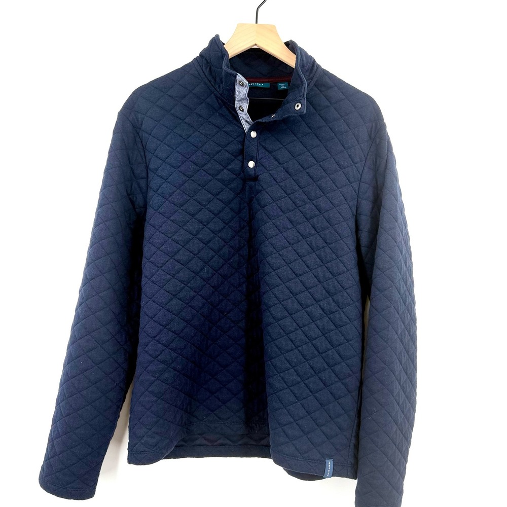 Perry Ellis Quilted Pullover Mens L Navy Excellent Diamond Stitch Mock Neck Snap